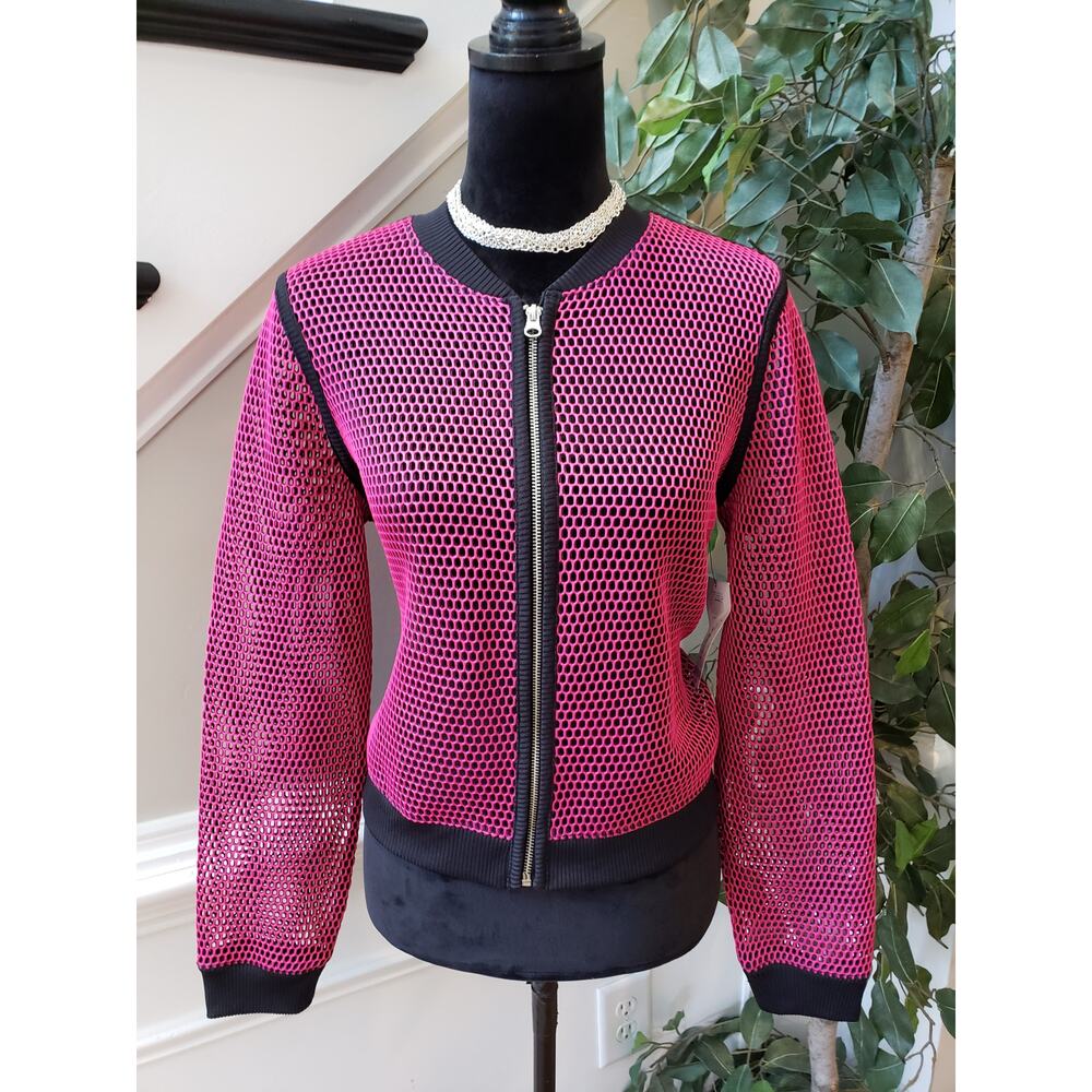 a.n.a Bomber Jacket Womens PL‎ Pink Black Mesh Polyester Long Sleeve Full Zip